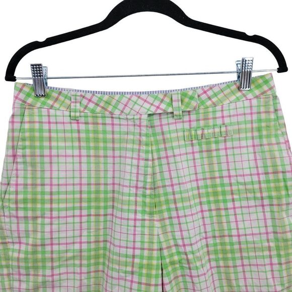 Tommy Hilfiger Golf Shorts 8 Green Pink Plaid High-rise Bermuda Tee Holder - Picture 7 of 13